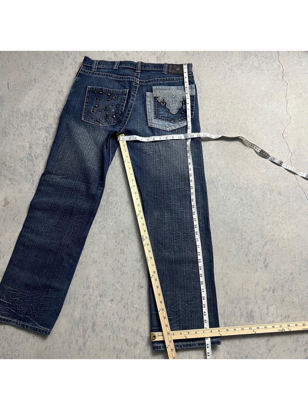 VTG Y2K Antik Denim Studded Jeans Sz. 36 (Fits 38X32) Faded Dark Wash Whisker - Picture 8 of 9